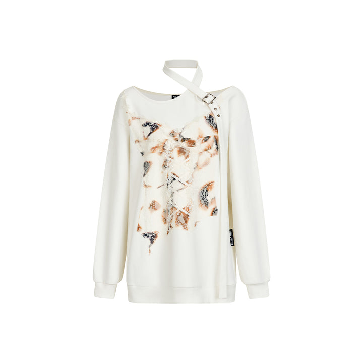 Via Pitti Special Lace Patchwork Off Shoulder Sweater White - Mores Studio