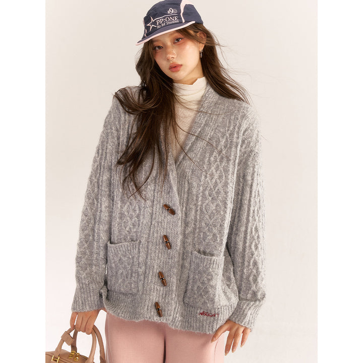 AsGony Blended Woolen Twist Lapel Knit Cardigan Gray