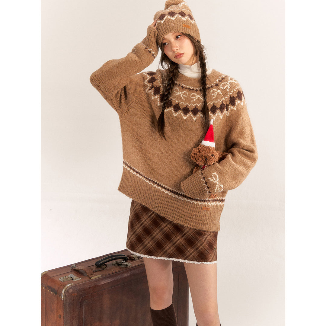 AsGony Fair Isle Hairball Beanie Brown