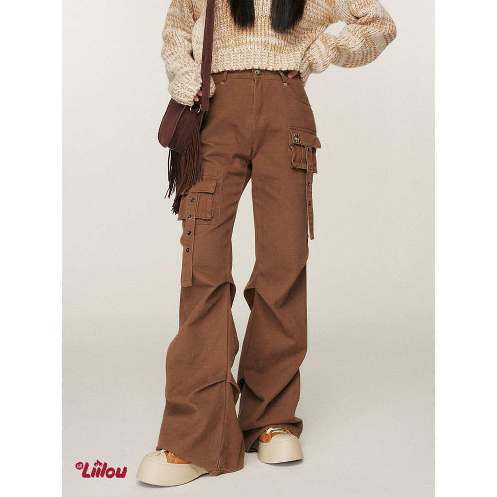 Liilou Multi-Pocket Wrinkle Flared Cargo Pants Brown - Mores Studio