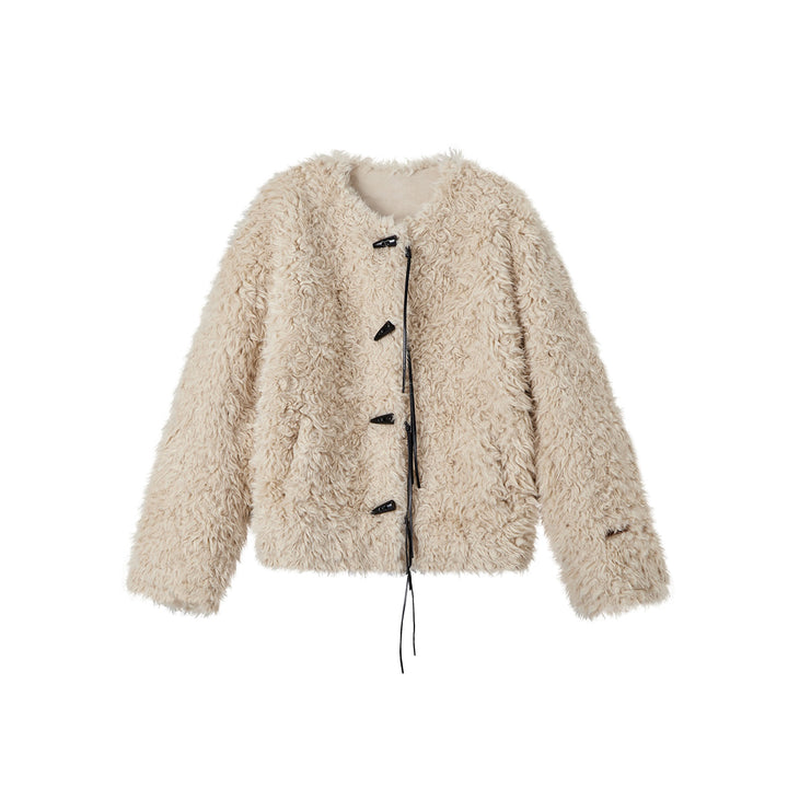 SomeSowe Tassel Horn Button Furry Jacket Beige