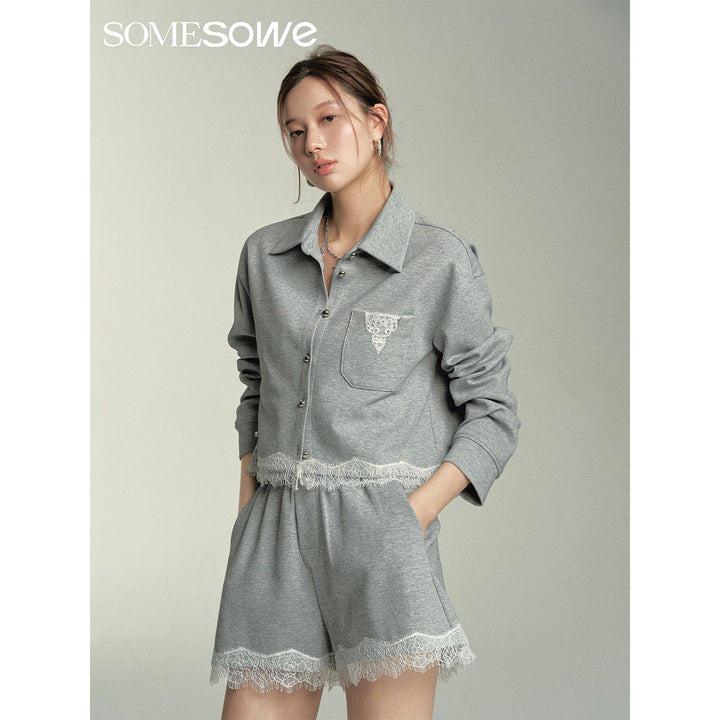 SomeSowe Lace Edge Casual Top Jacket Grey