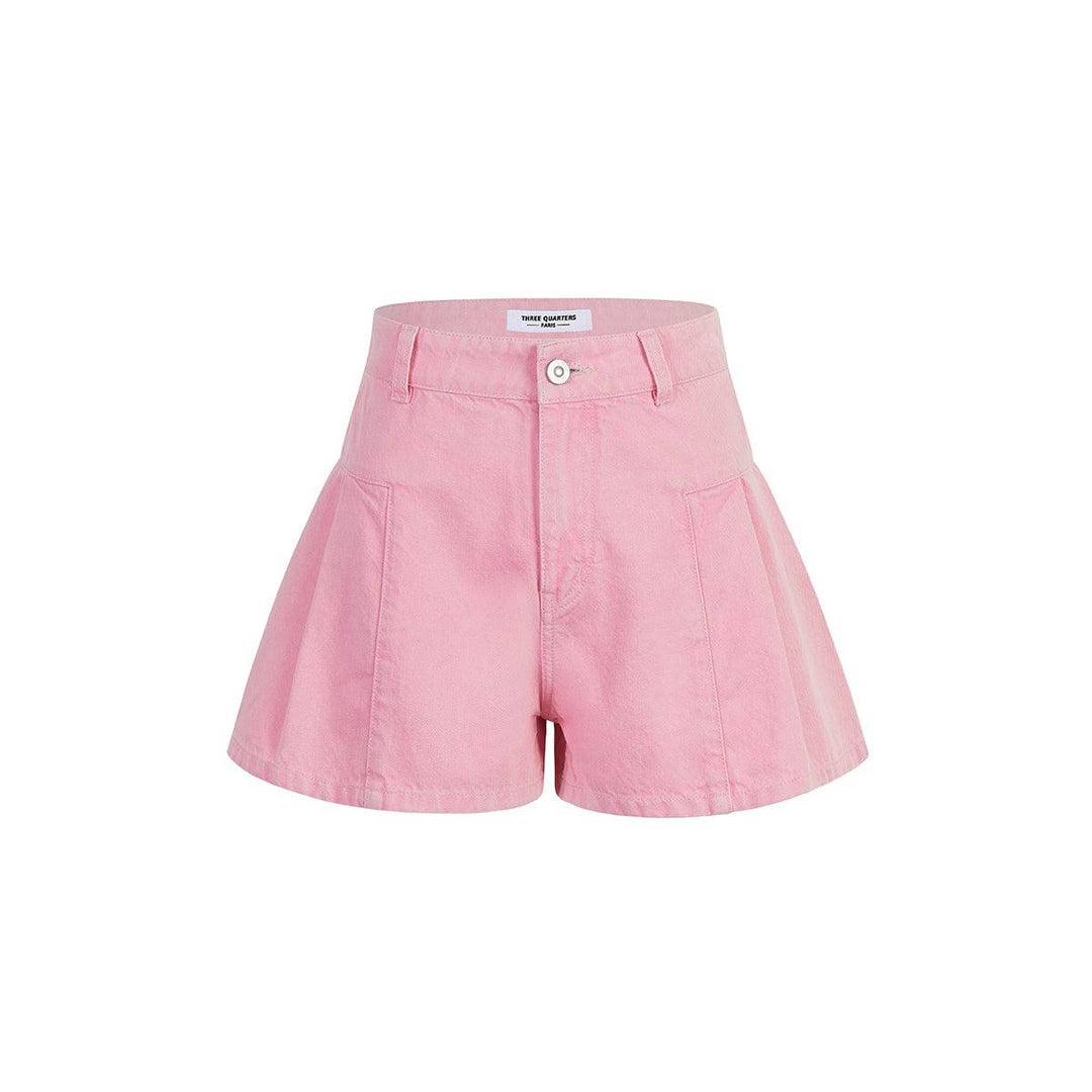 Three Quarters A-Line Denim Shorts Pink - Mores Studio