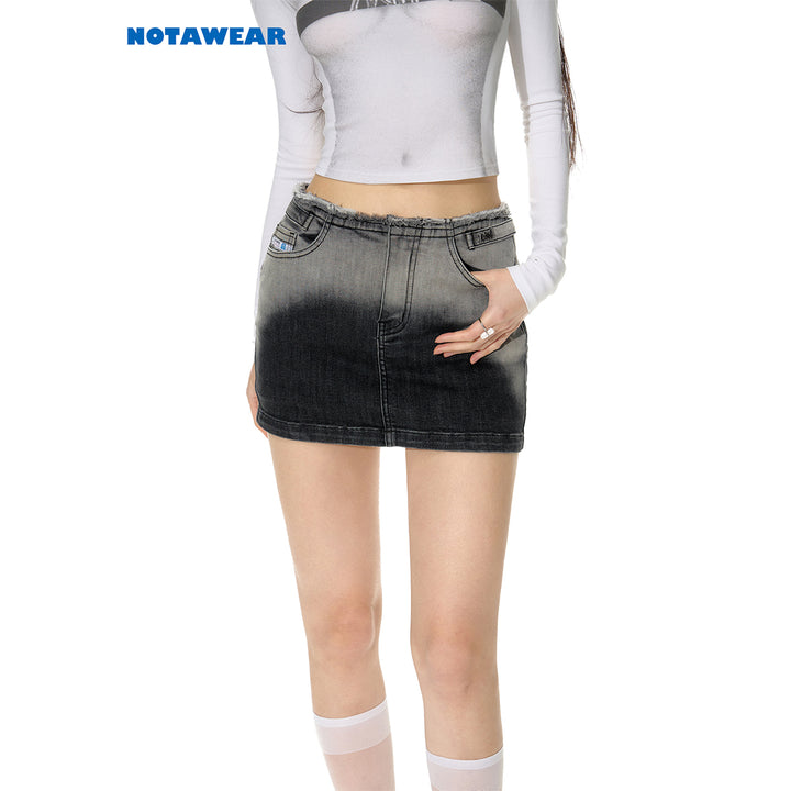 NotaWear Raw Waistline Gradient Denim Mini Skirt Black