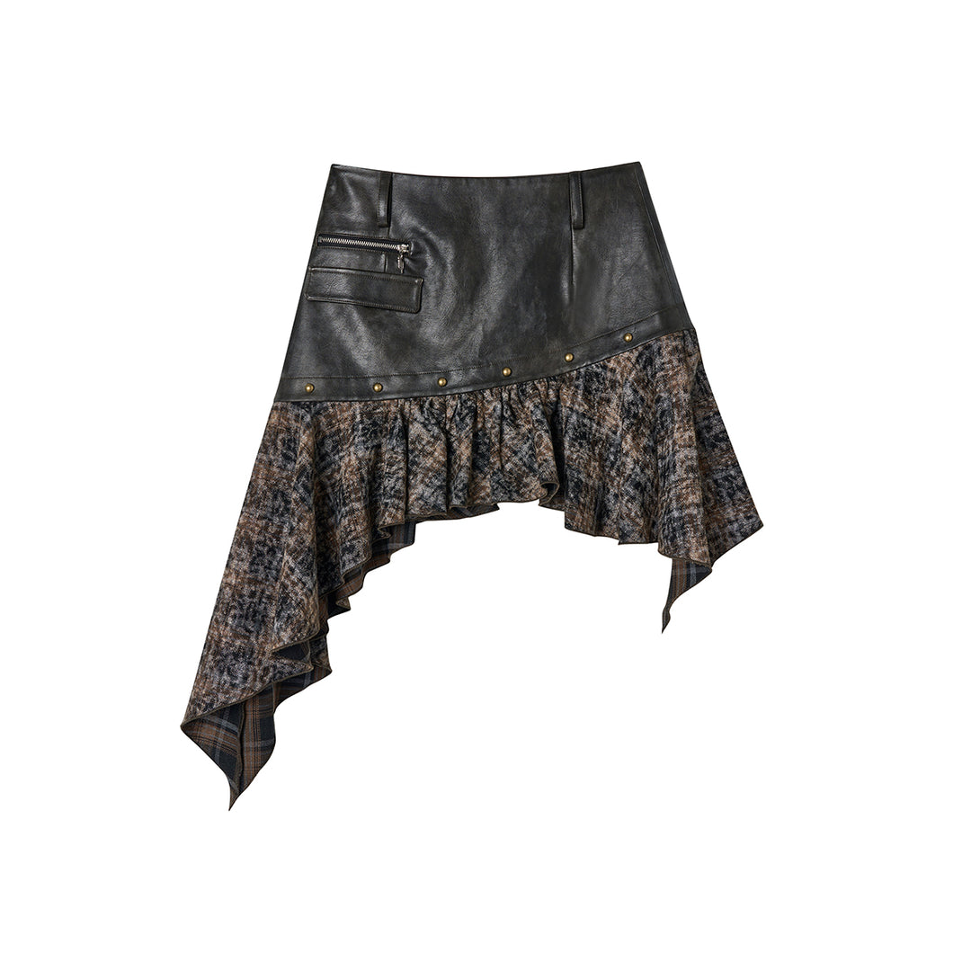 Via Pitti Vintage Irregular Cutting Leather Patchwork Skirt - Mores Studio
