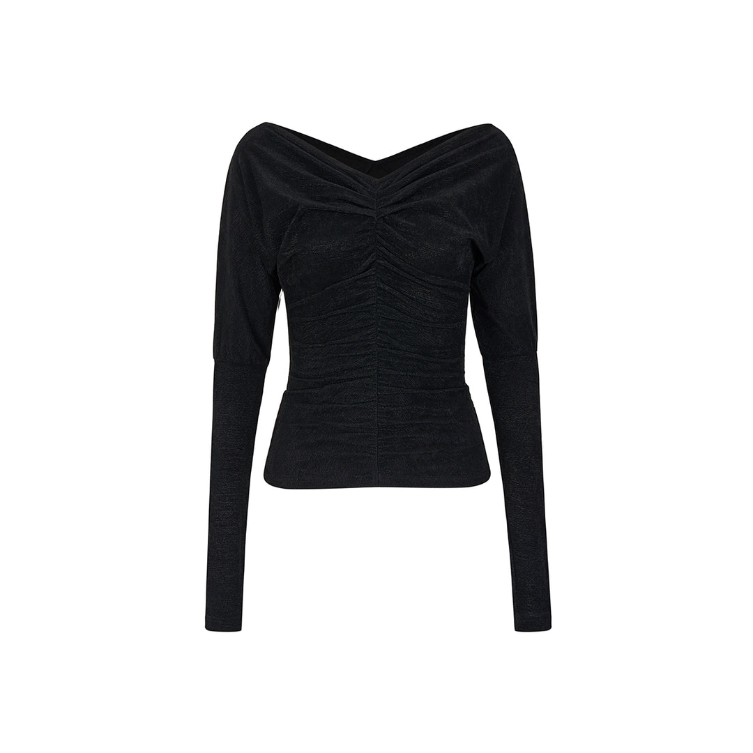 Via Pitti Wrinkled Off-Shoulder Two-Way Slim Top Black