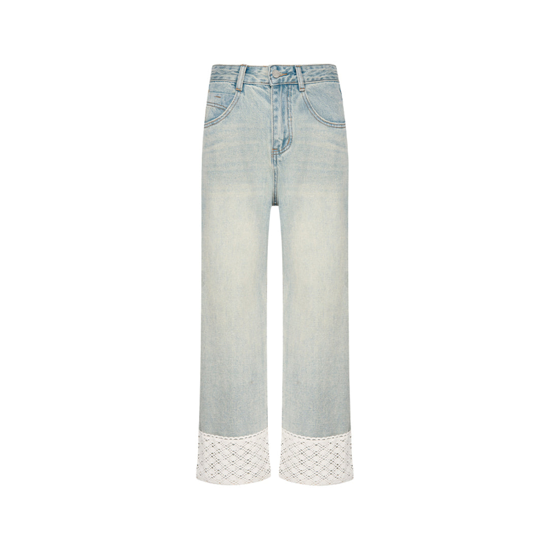Kroche Lace Patchwork High Waist Washed Denim Jeans