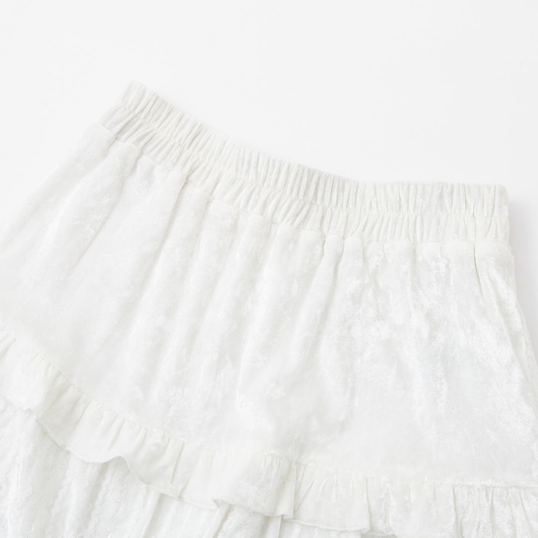 SomeSowe Ruffled Velvet Puffy Long Skirt White