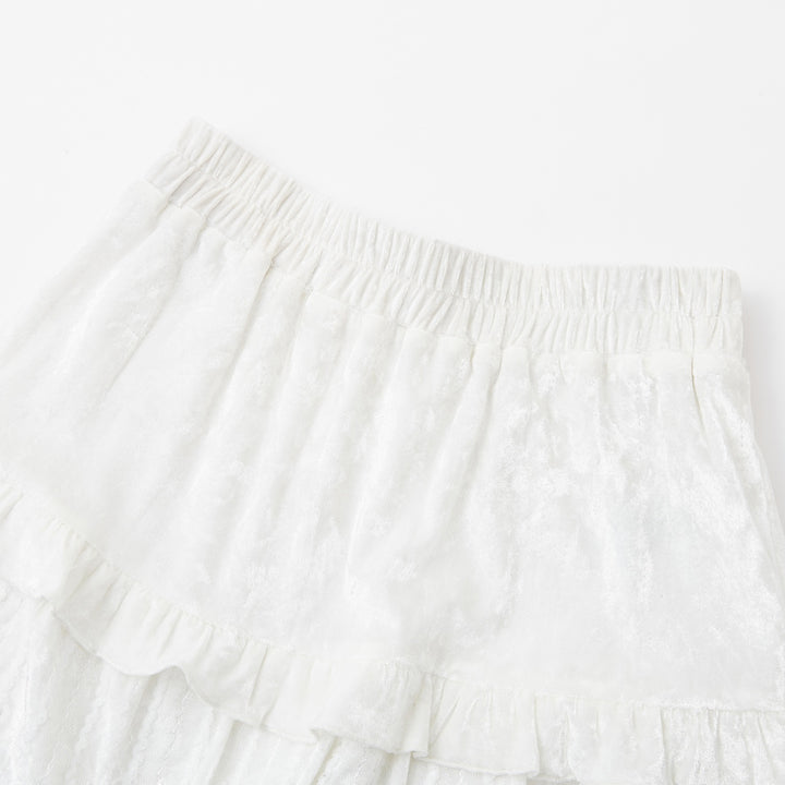 SomeSowe Ruffled Velvet Puffy Long Skirt White