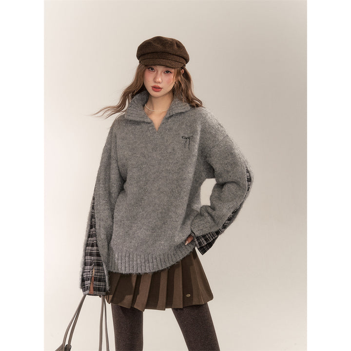 AsGony Plaid Patch Embroidery Knit Sweater Gray