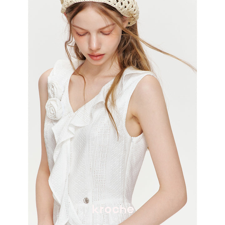 Kroche Ruffled Rose Pin Hollow Out Lace Dress White