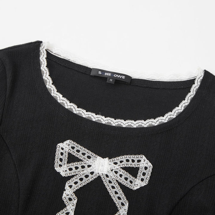 SomeSowe Lace Bow Splice Long Sleeve T-Shirt