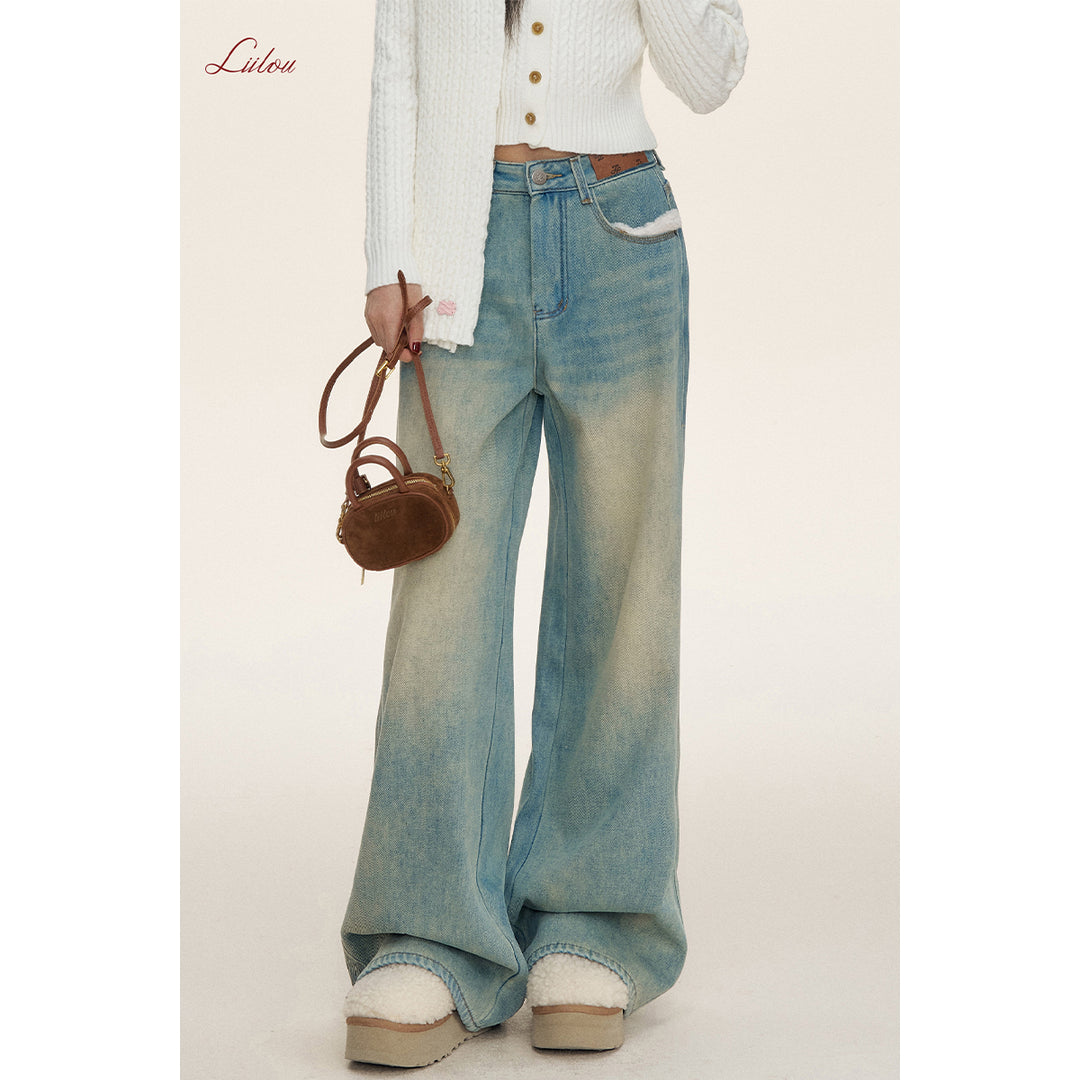 Liilou Woolen Patchwork Wide-Leg Fleece-Lined Jeans