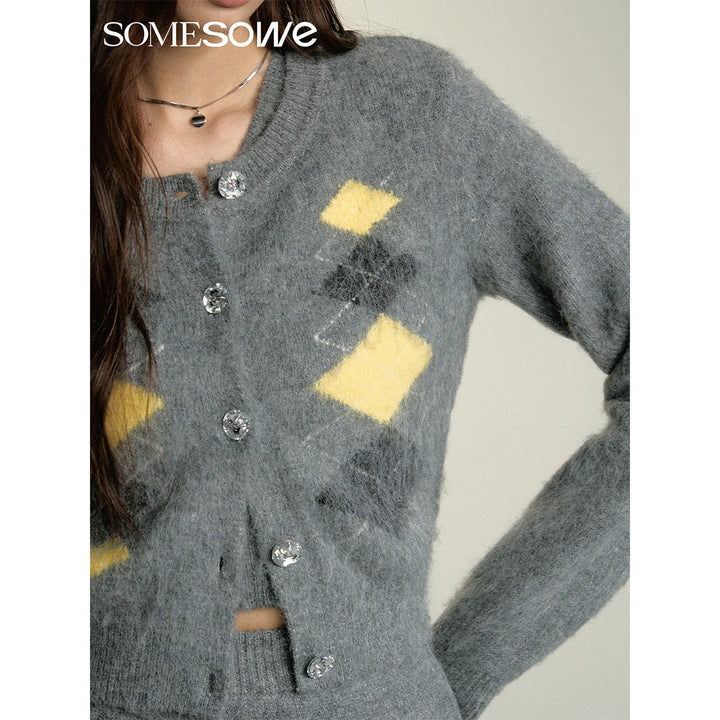 SomeSowe Color Blocked Checkered Woolen Cardigan - Mores Studio