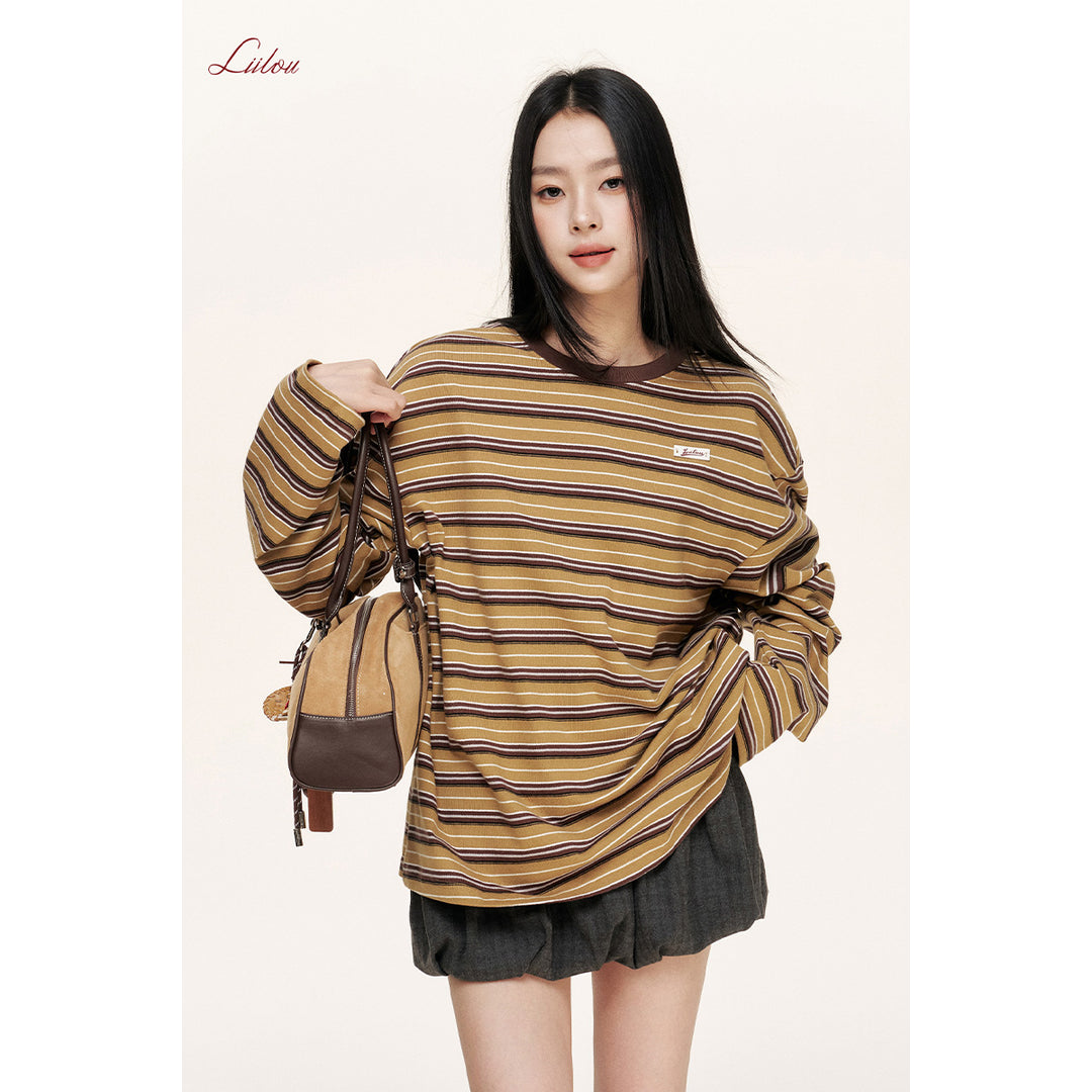 Liilou Athflow Contrast Color Striped L/S Top Brown