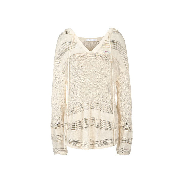 Kroche Hollow Out Striped Hooded Knit Top