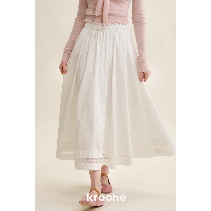 Kroche Lace Patchwork High Waist A-Line Long Skirt White