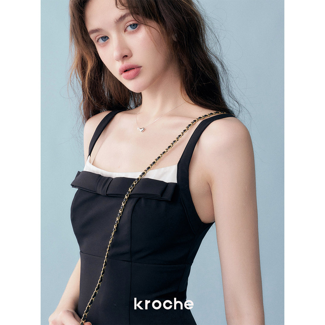 Kroche Color Blocked Bow Patchwork Bud Dress Black