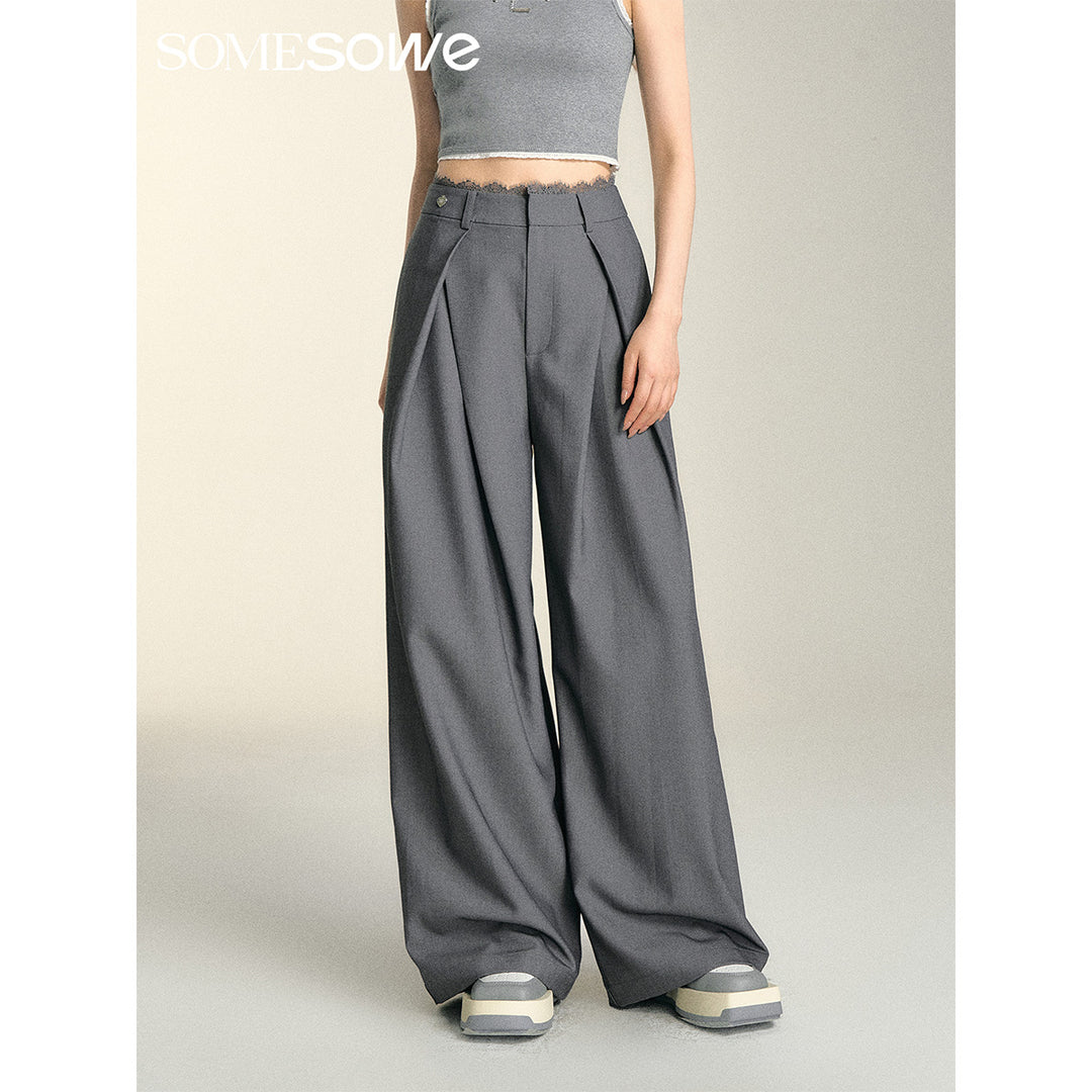 SomeSowe Lace Patchwork Pleated Suit Pants Gray