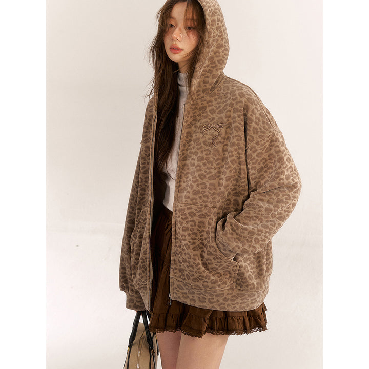 AsGony Leopard Bow Embroidery Hoodie Brown