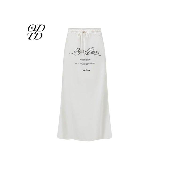 ODTD Printed Slogan Drawstring Maxi Skirt White