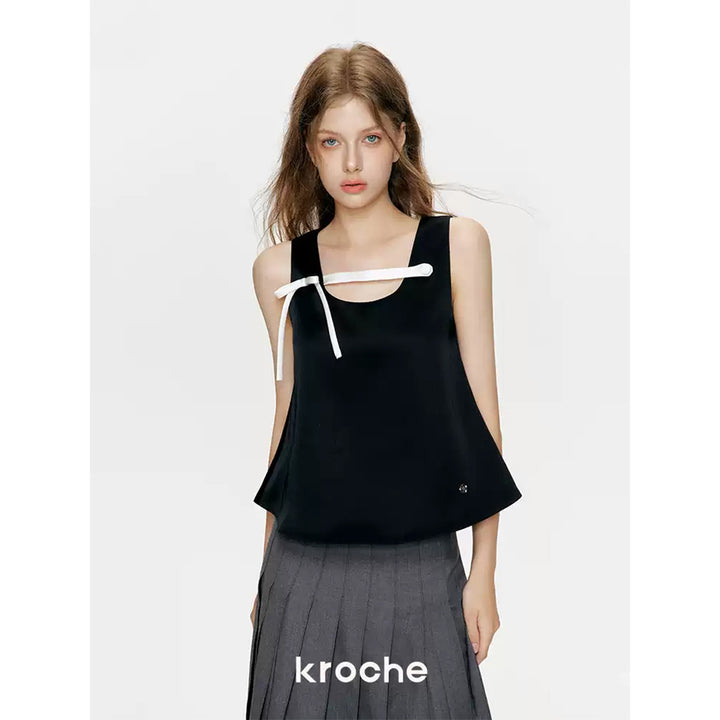 Kroche 3D Bow Color Blocked Satin Vest Top Black