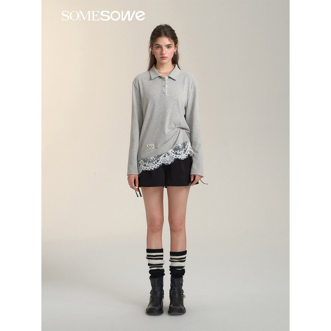 SomeSowe Lace Patchwork Polo Long Sleeve T-Shirt Gray