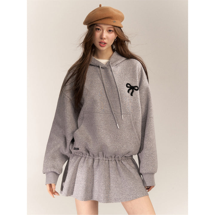 AsGony Bow Tie Hooded Waisting Sweat Dress Gray