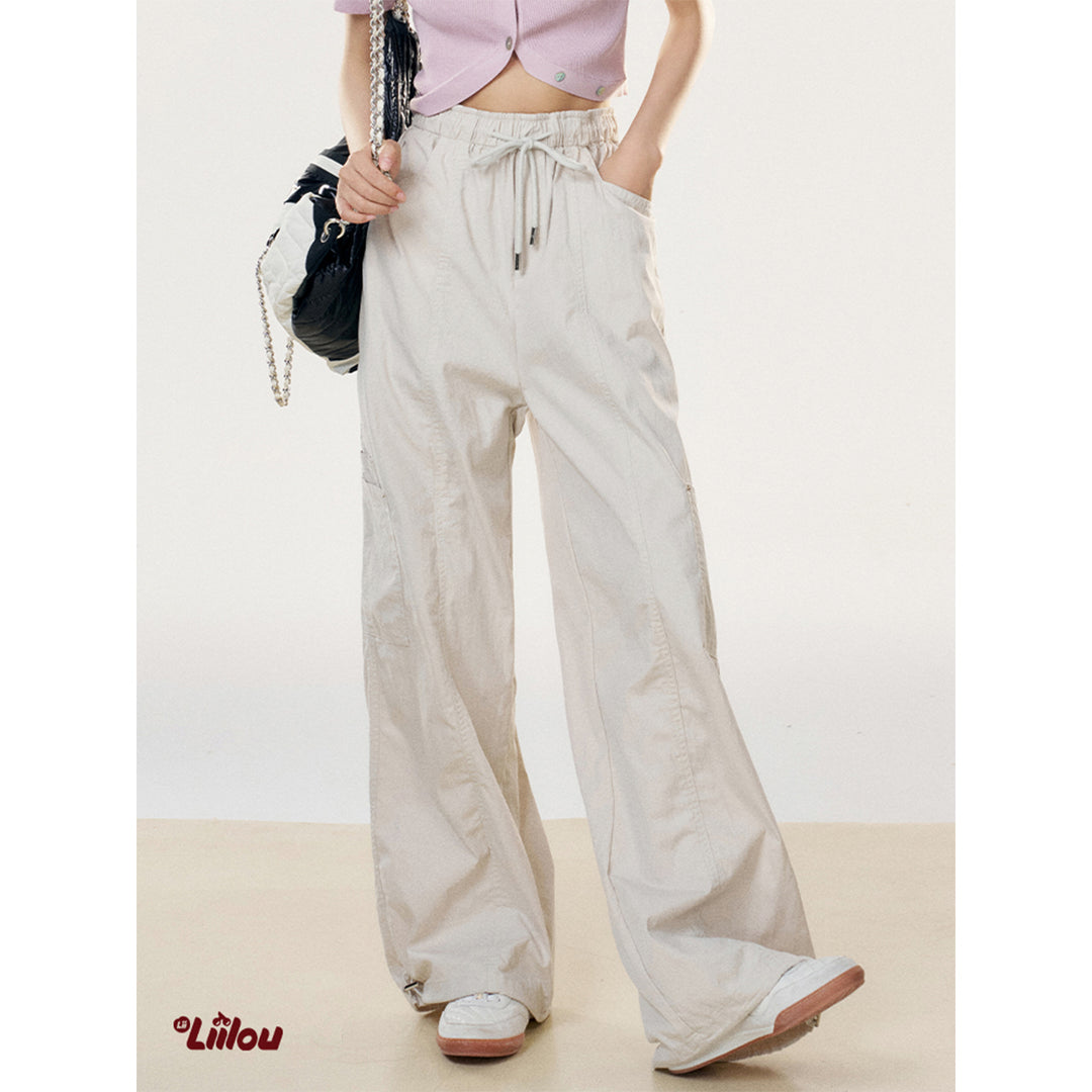 Liilou Drawstring Lace-Up Wide-Leg Cargo Pants Apricot