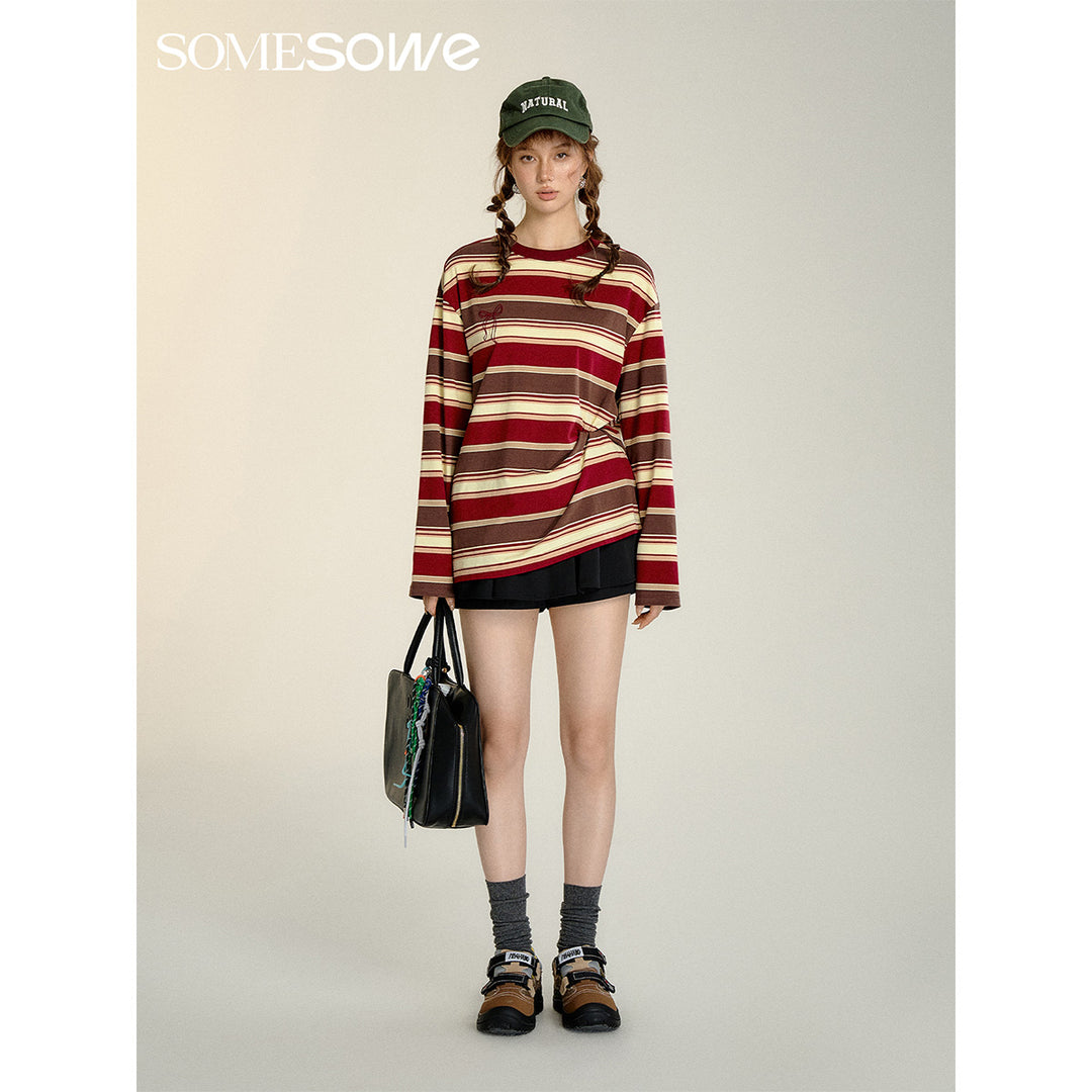 SomeSowe Retro Striped Long Sleeve T-Shirt Red