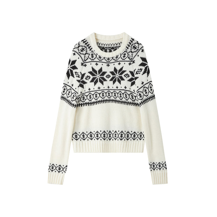 SomeSowe Vintage Jacquard Round-Neck Knit Sweater White