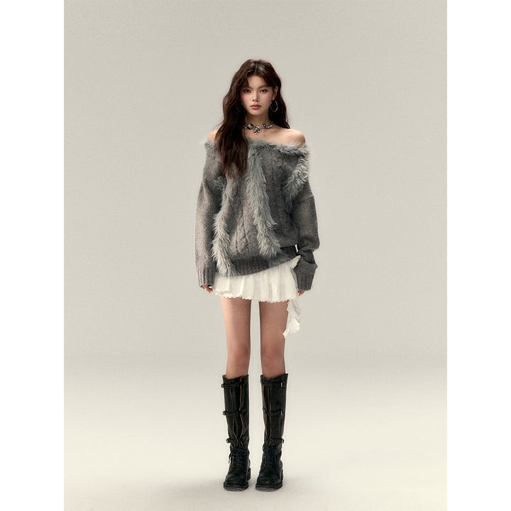 Via Pitti Off Shoulder Fur Integrated Knit Sweater Gray