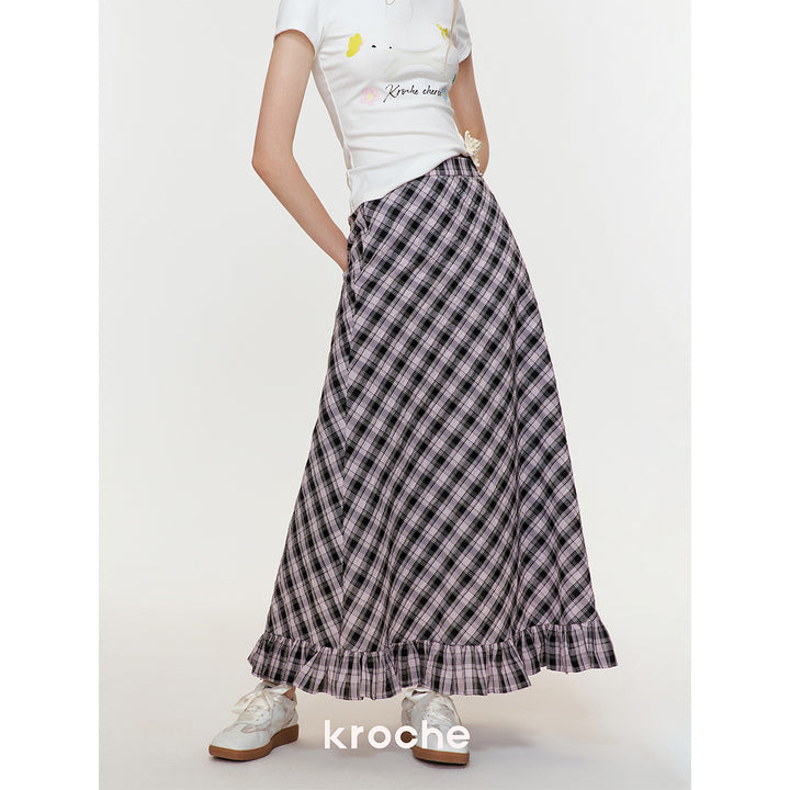 Kroche Wrinkle Hem High Waist Plaid Long Skirt