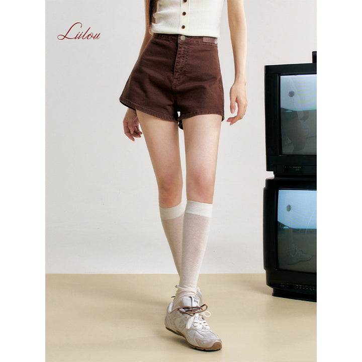 Liilou Retro High Waist A-Line Denim Shorts Brown