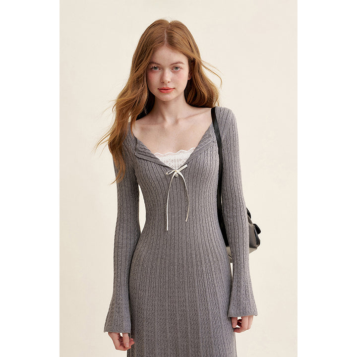 Kroche Fake-2-Piece Lace Edge Thicken Knit Long Dress Gray