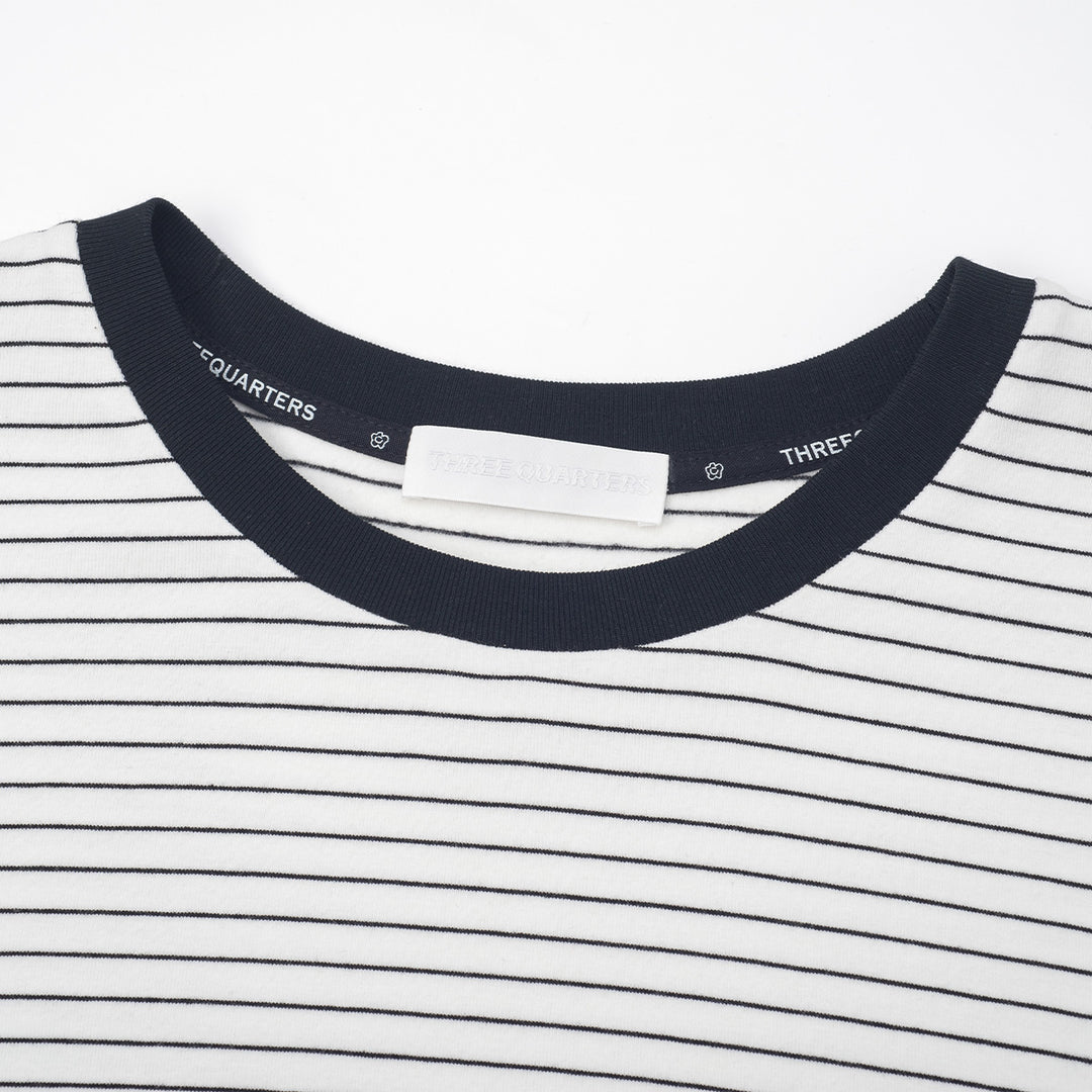 Three Quarters Hotfix Logo Striped Mousse Cashmere L/S Tee White