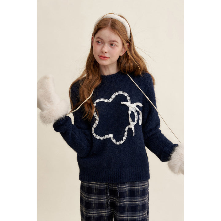 Kroche Lace Petal Woolen Knit Sweater Navy Blue