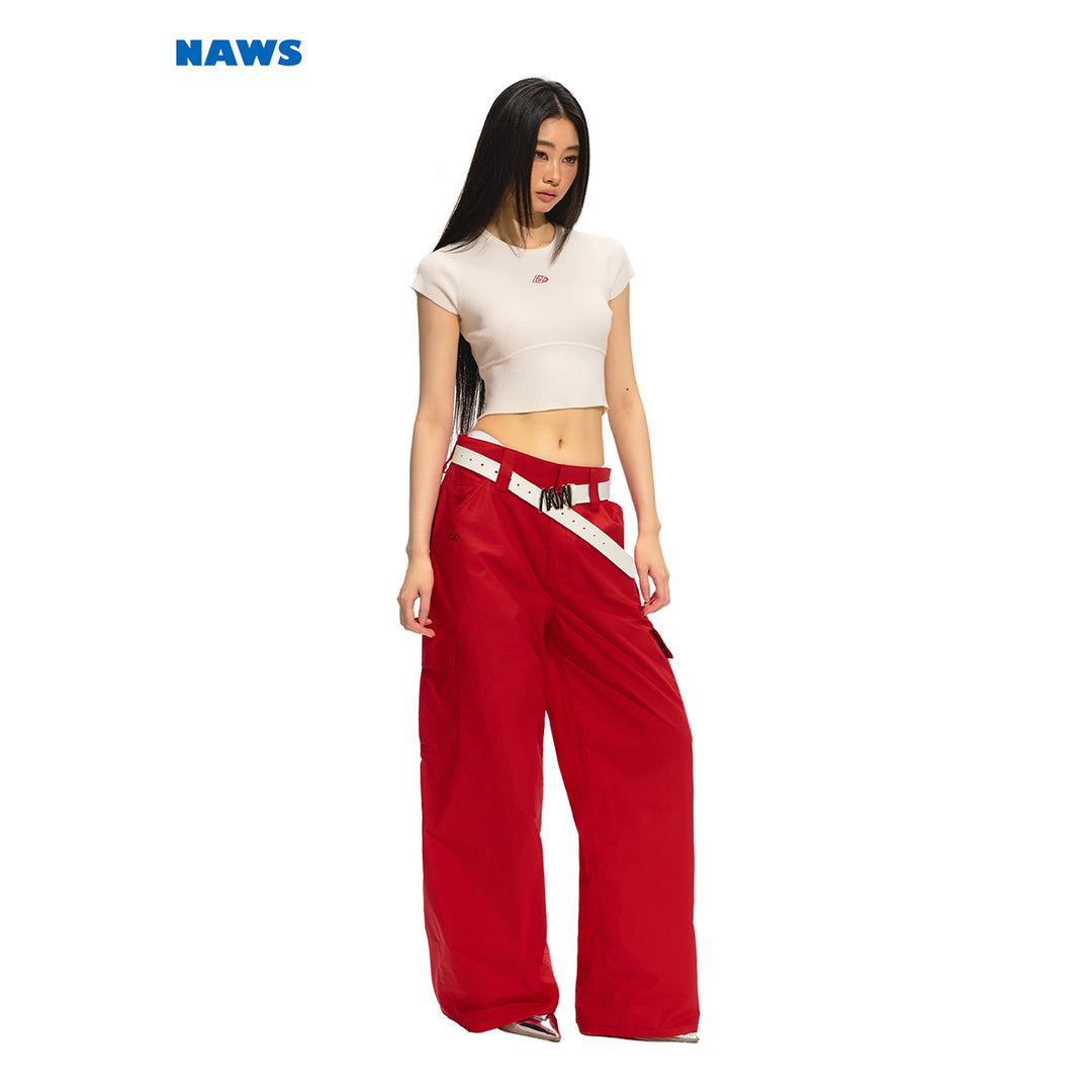 NAWS Textured Low-Rise Cargo Pocket Relaxed Fit Pants Red