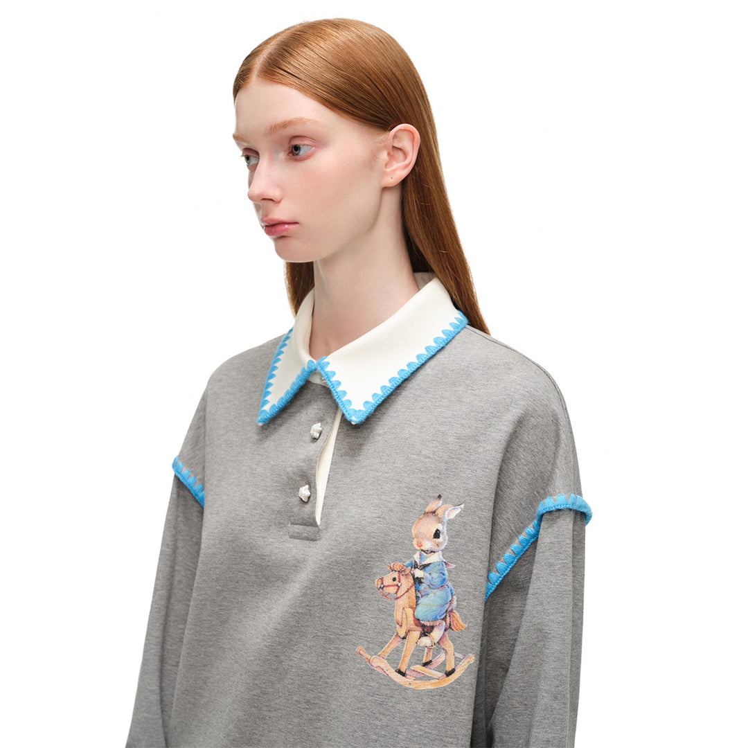 Alexia Sandra Trojan Rabbit Embroidery L/S Polo Top Gray