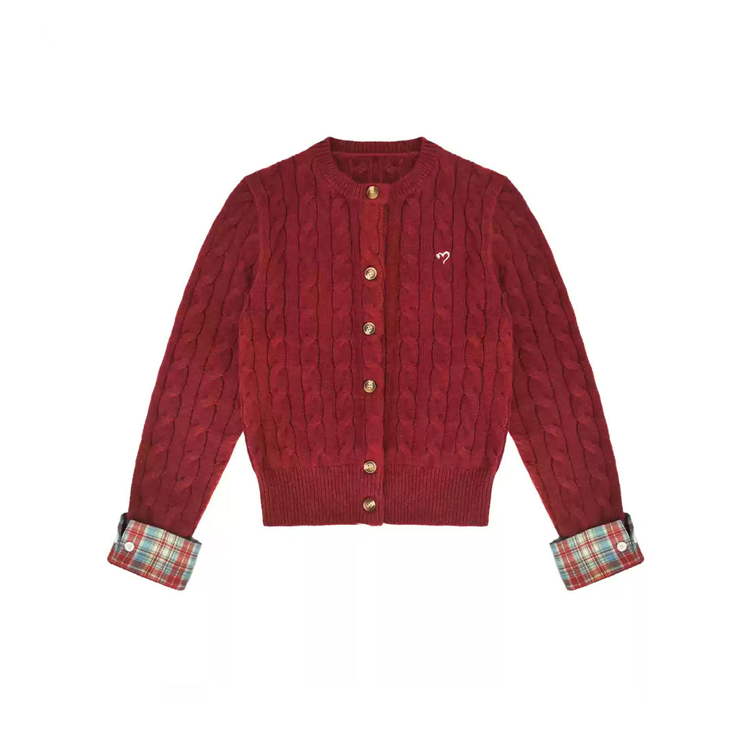 AsGony Blended Woolen Plaid Patchwork Knit Cardigan Red