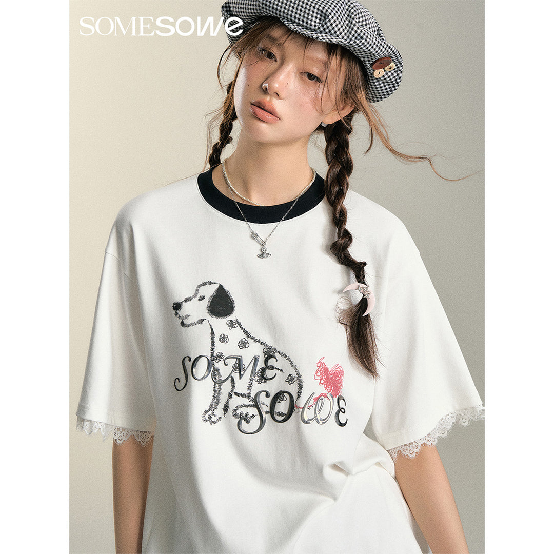 SomeSowe Spotted Puppy Heart Lace Edge T-Shirt