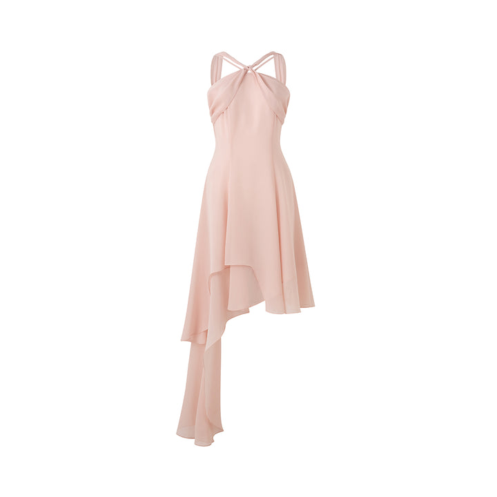 Diana Vevina Asymmetrical Hem Halter Long Dress Pink