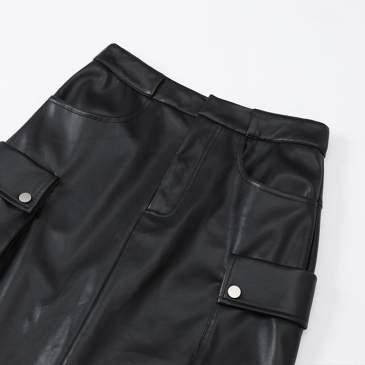 Three Quarters Cargo Leather Long Skirt Black - Mores Studio