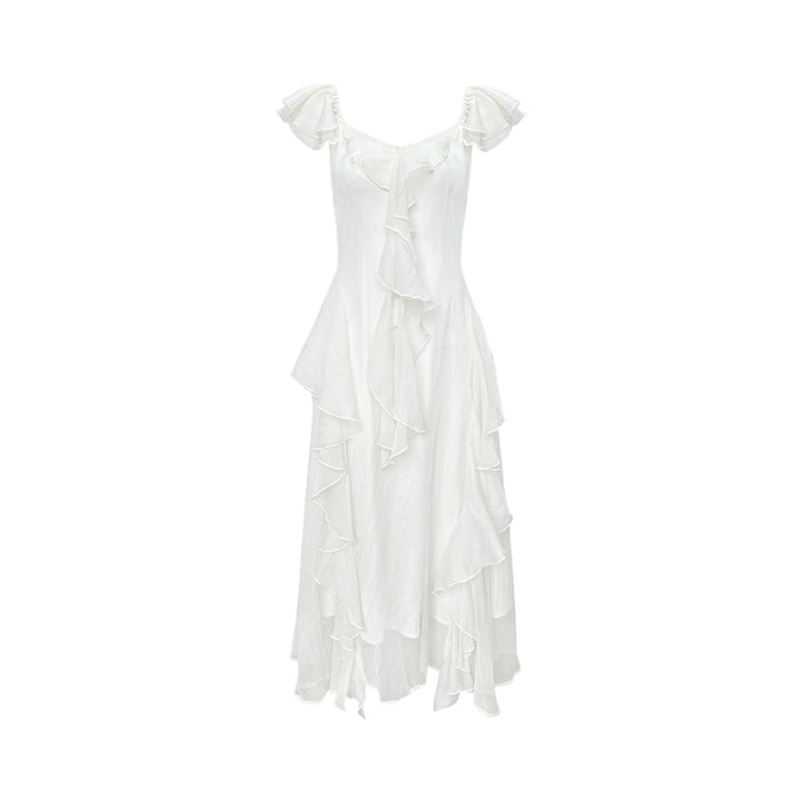 AsGony Ruffled Patchwork Slip Long Dress White