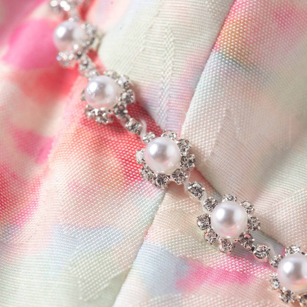 Three Quarters Rhinestone Pearl Chain Floral Print Dress Pink - Mores Studio