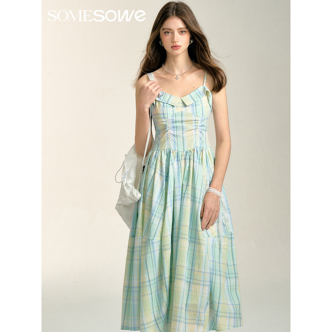 SomeSowe Pleated Checked Long Slip Dress Green