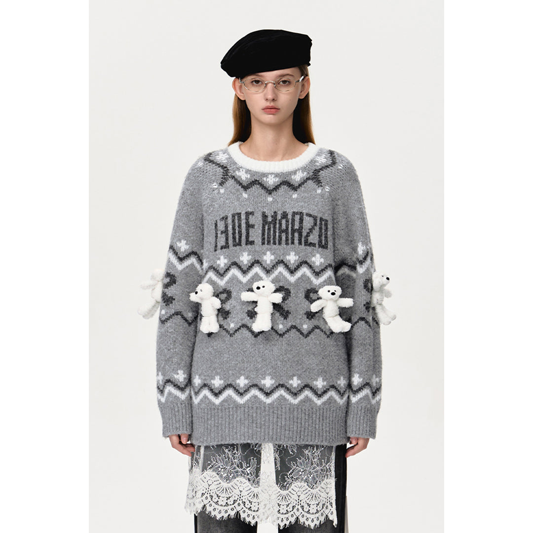 13De Marzo Fair Isle Jacquard Raglan Knit Sweater Gray