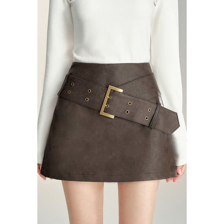 MacyMccoy Retro High-Waist Belt Leather Skirt Brown