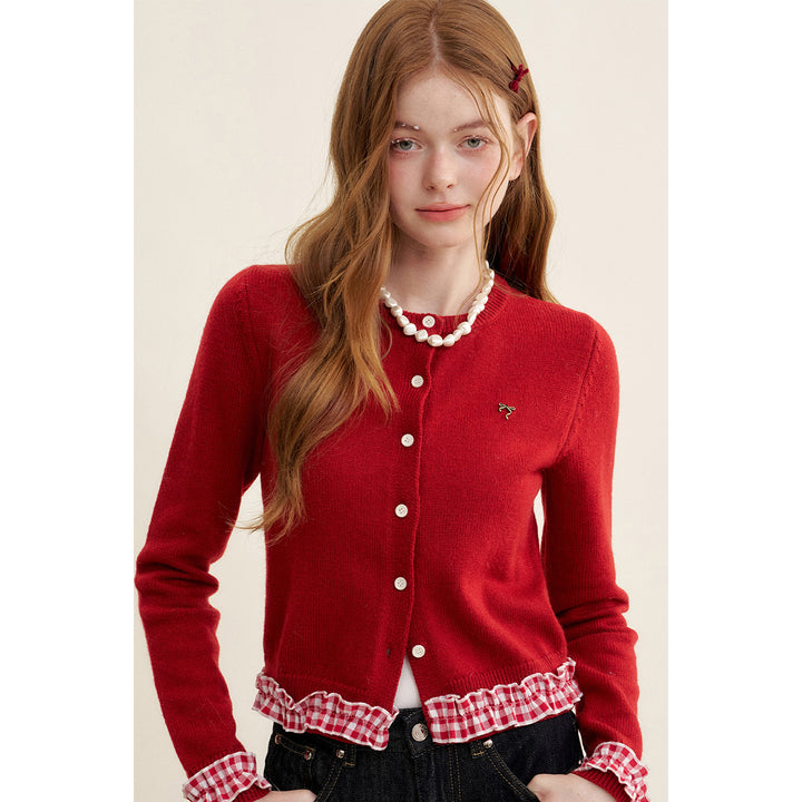 Kroche Stringy Selvedge Plaid Patchwork Knit Cardigan Red