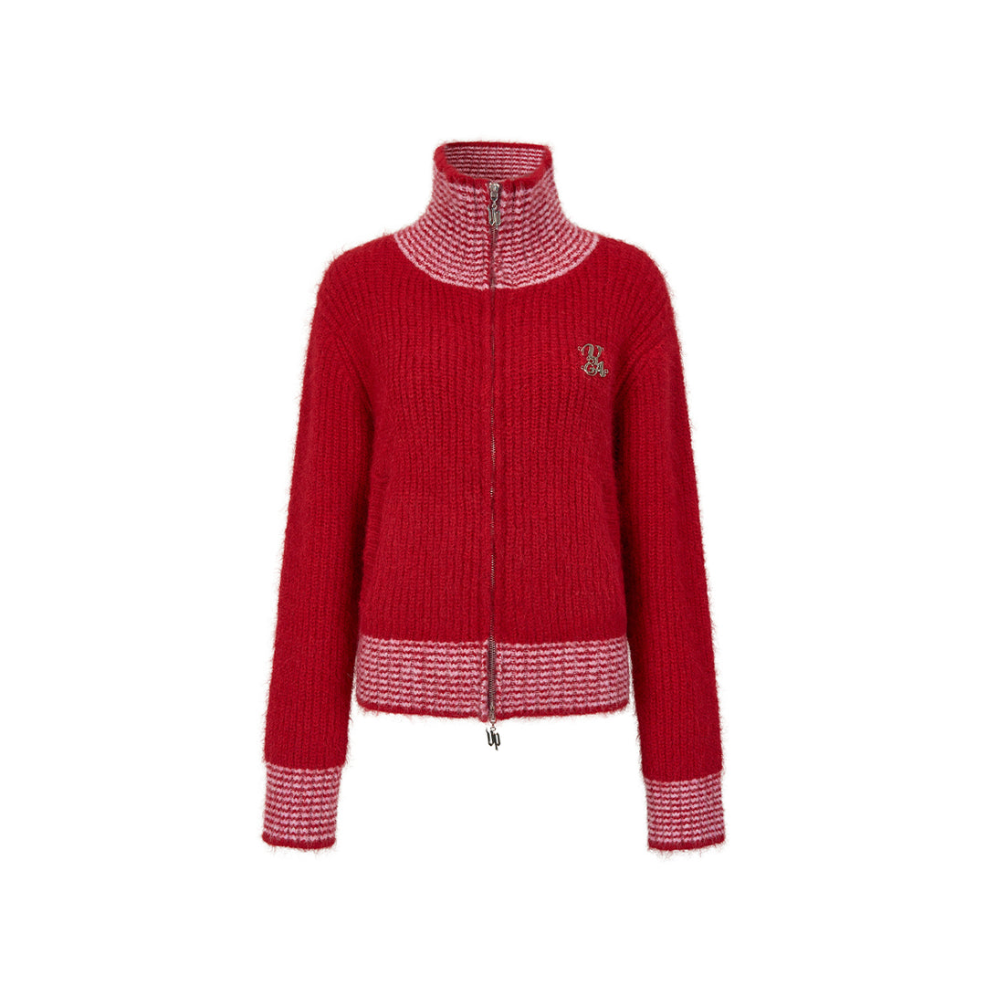 Via Pitti Color Blocked High Collar Knit Cardigan Red